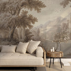 Vintage Castle Landscape Wallpaper : Sepia Grisaille Scenic Wall Mural