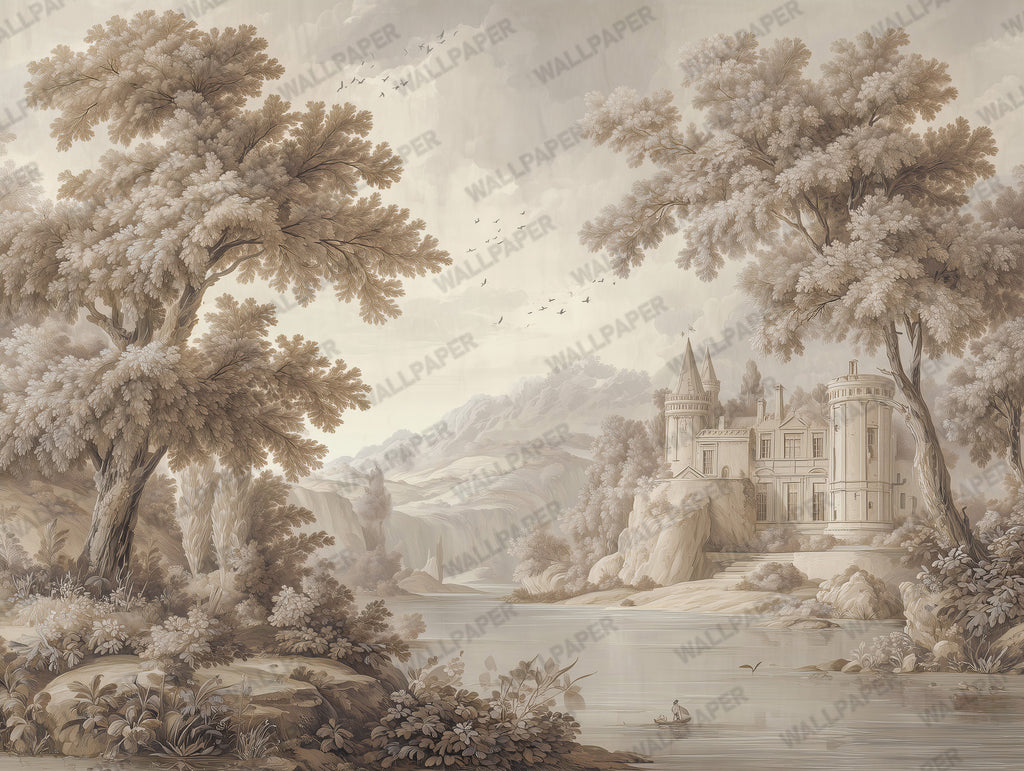 Vintage Castle Landscape Wallpaper : Sepia Grisaille Scenic Wall Mural - View 2