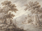 Vintage Castle Landscape Wallpaper : Sepia Grisaille Scenic Wall Mural - View 2