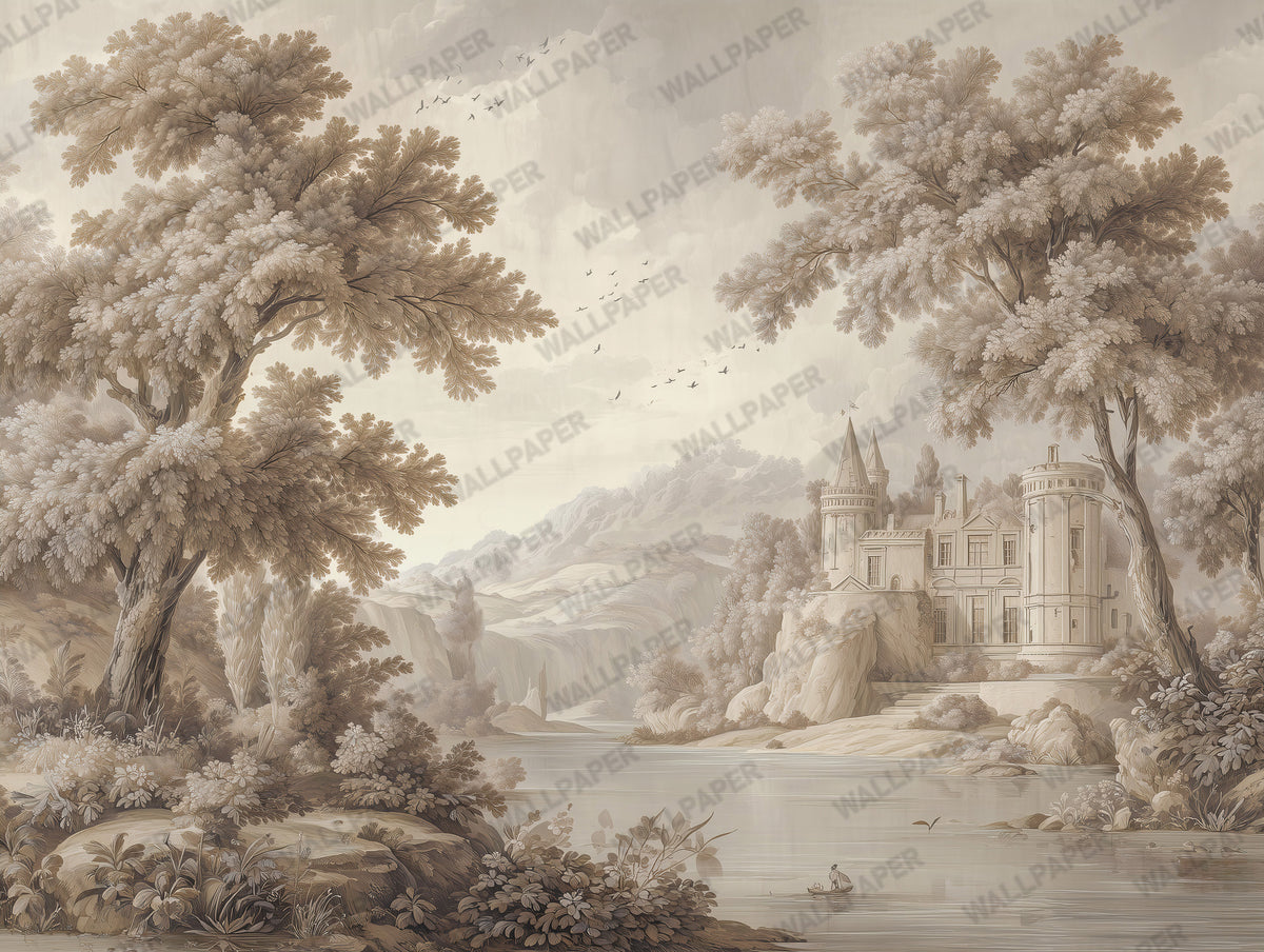 Vintage Castle Landscape Wallpaper : Sepia Grisaille Scenic Wall Mural - View 2