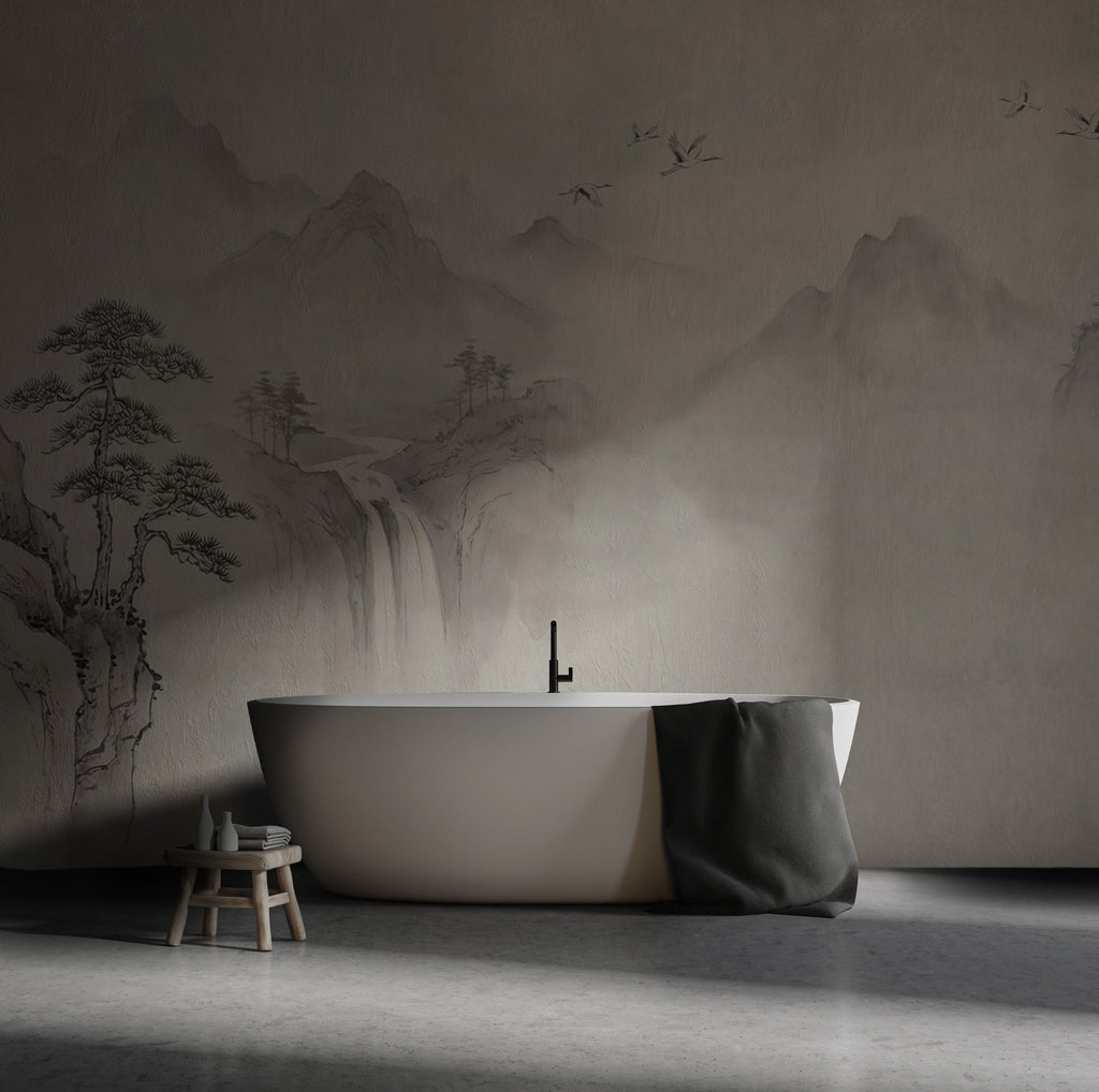 Pale Ink Mountain Wallpaper : Misty Sumi-e Crane Landscape Mural - View 3