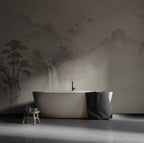 Pale Ink Mountain Wallpaper : Misty Sumi-e Crane Landscape Mural - View 3