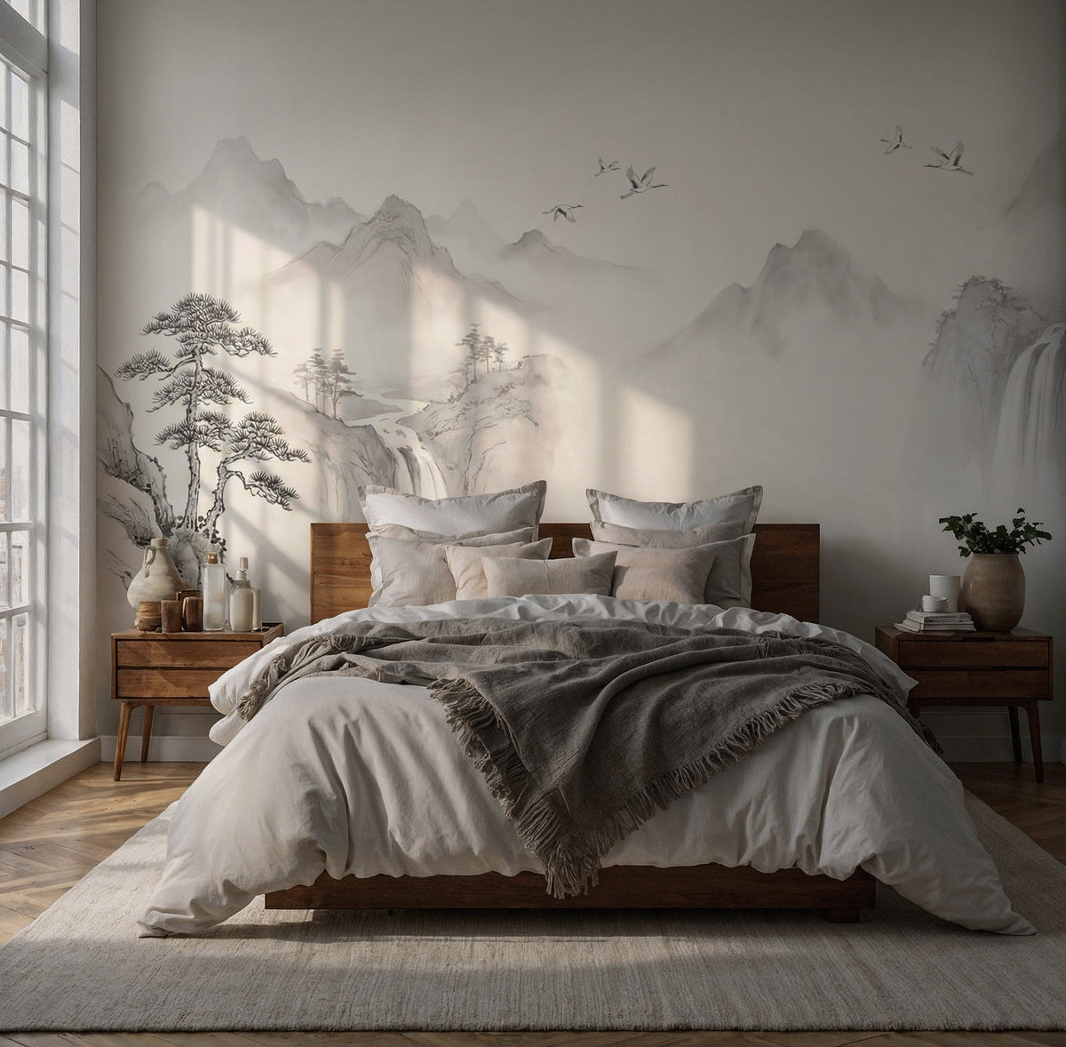 Pale Ink Mountain Wallpaper : Misty Sumi-e Crane Landscape Mural - View 4