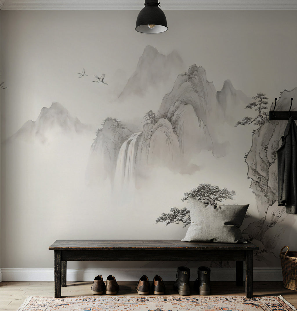 Pale Ink Mountain Wallpaper : Misty Sumi-e Crane Landscape Mural - View 5