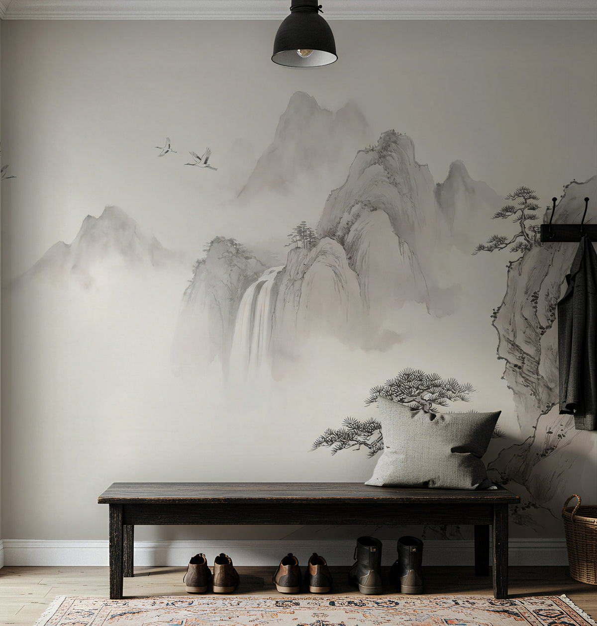 Pale Ink Mountain Wallpaper : Misty Sumi-e Crane Landscape Mural - View 5