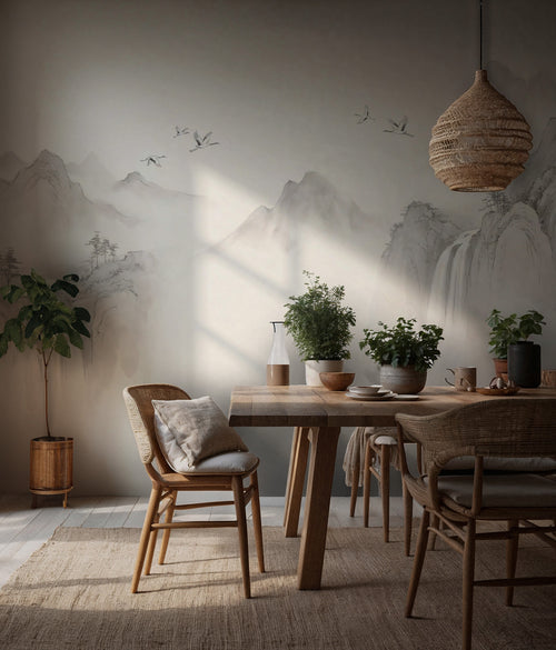 Pale Ink Mountain Wallpaper : Misty Sumi-e Crane Landscape Mural