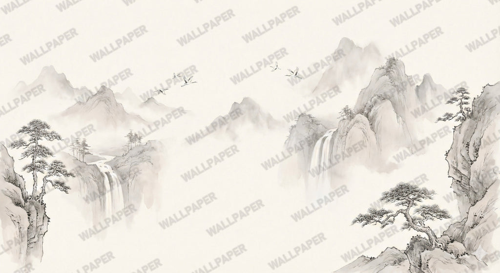 Pale Ink Mountain Wallpaper : Misty Sumi-e Crane Landscape Mural - View 2