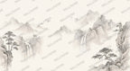 Pale Ink Mountain Wallpaper : Misty Sumi-e Crane Landscape Mural - View 2