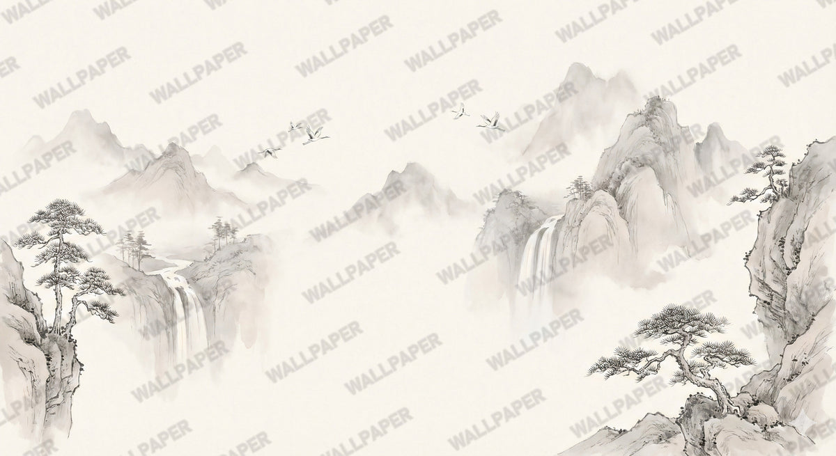 Pale Ink Mountain Wallpaper : Misty Sumi-e Crane Landscape Mural - View 2