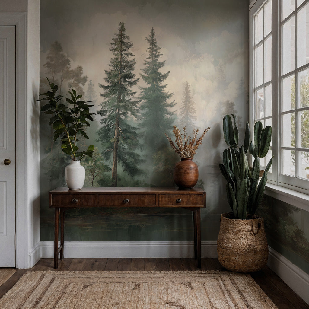 Misty Pine Forest Wallpaper : Dark Green Woodland Wall Mural - View 3