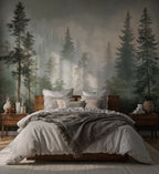 Misty Pine Forest Wallpaper : Dark Green Woodland Wall Mural - View 4