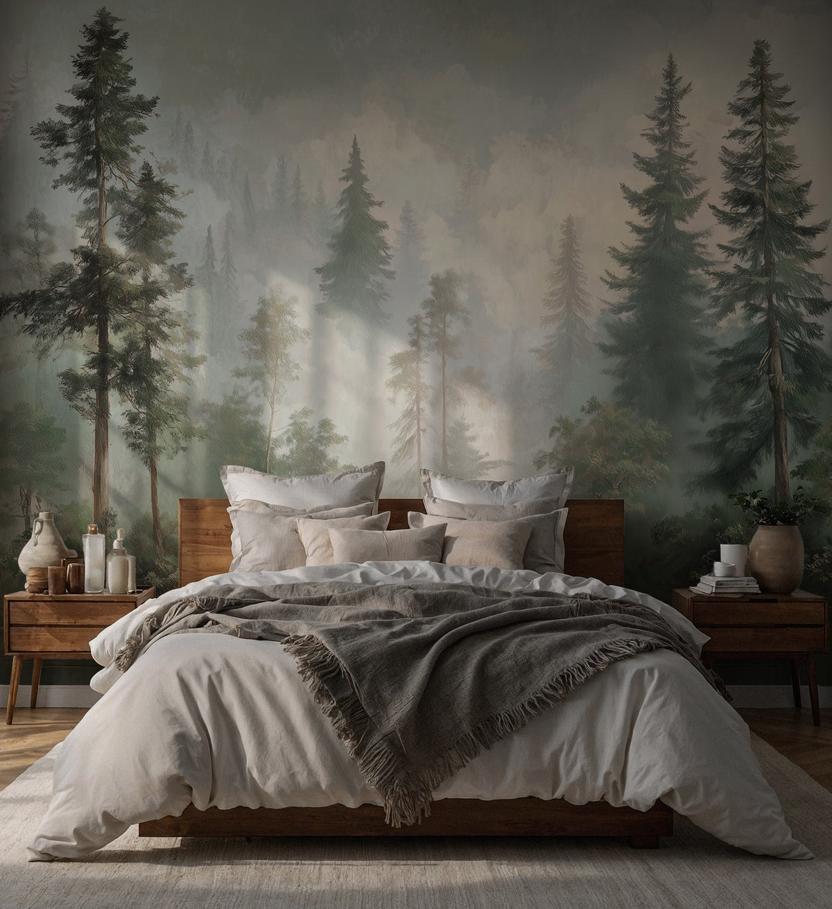 Misty Pine Forest Wallpaper : Dark Green Woodland Wall Mural - View 4