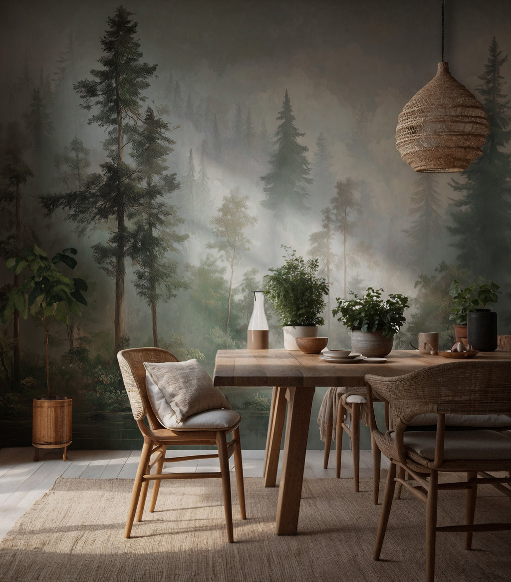 Misty Pine Forest Wallpaper : Dark Green Woodland Wall Mural - View 5