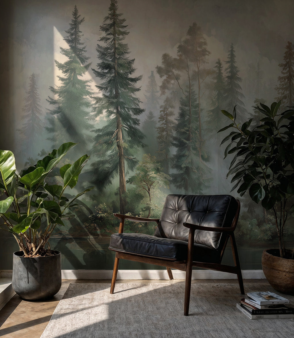 Misty Pine Forest Wallpaper : Dark Green Woodland Wall Mural