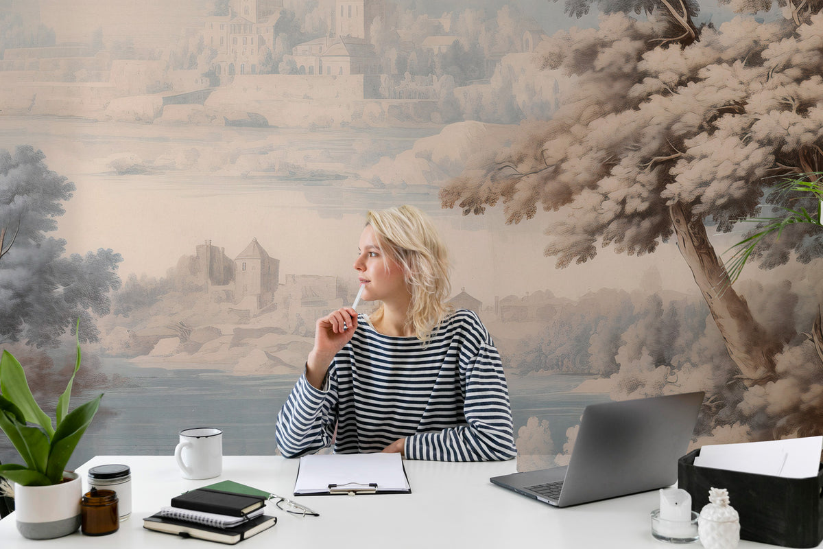 Grisaille Landscape Wallpaper : Pale Sepia Scenic Wall Mural - View 2