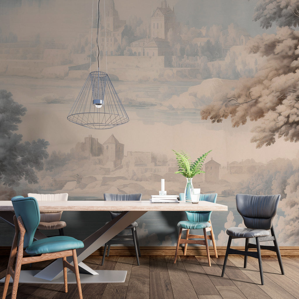 Grisaille Landscape Wallpaper : Pale Sepia Scenic Wall Mural - View 4
