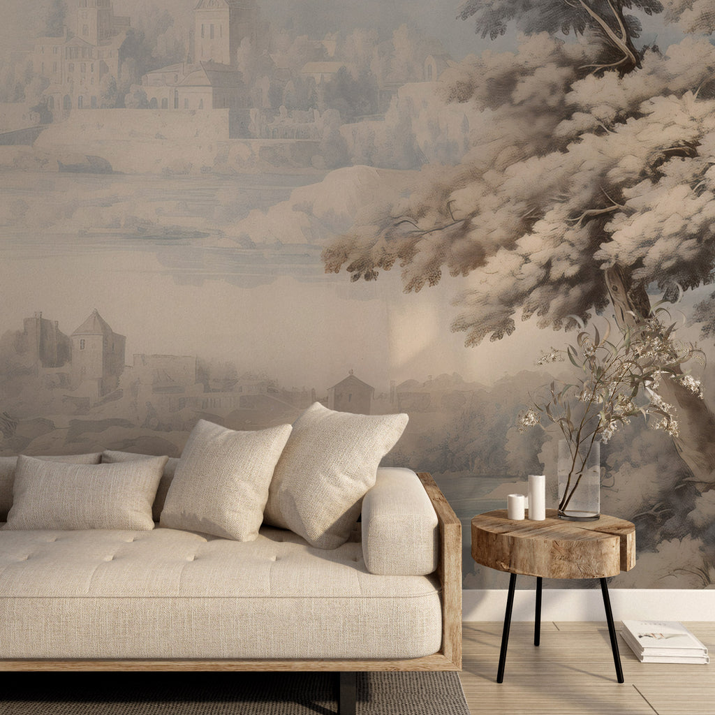 Grisaille Landscape Wallpaper : Pale Sepia Scenic Wall Mural