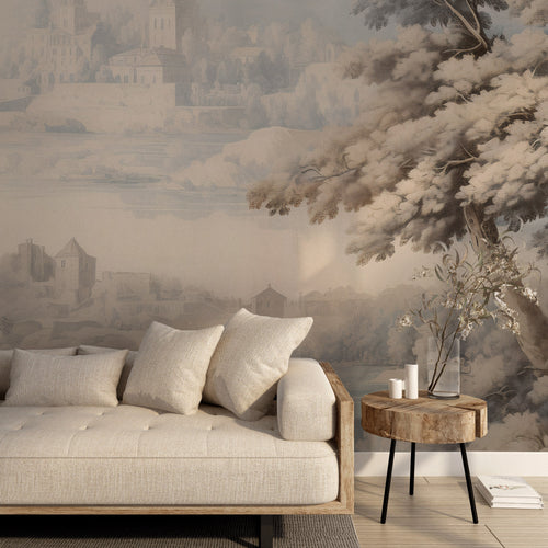 Grisaille Landscape Wallpaper : Pale Sepia Scenic Wall Mural