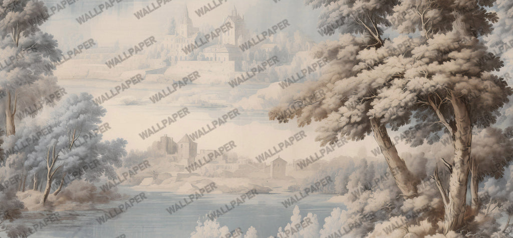 Grisaille Landscape Wallpaper : Pale Sepia Scenic Wall Mural - View 3