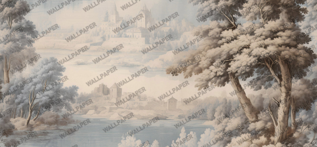 Grisaille Landscape Wallpaper : Pale Sepia Scenic Wall Mural - View 3