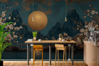 Gold Moon Mountain Wallpaper : Japanese Blossom Night Wall Mural