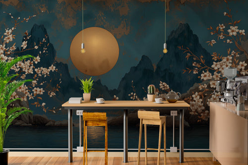 Gold Moon Mountain Wallpaper : Japanese Blossom Night Wall Mural