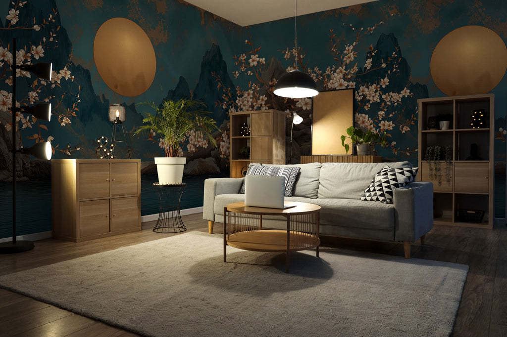 Gold Moon Mountain Wallpaper : Japanese Blossom Night Wall Mural - View 4