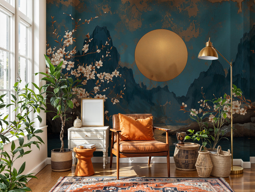 Gold Moon Mountain Wallpaper : Japanese Blossom Night Wall Mural - View 5