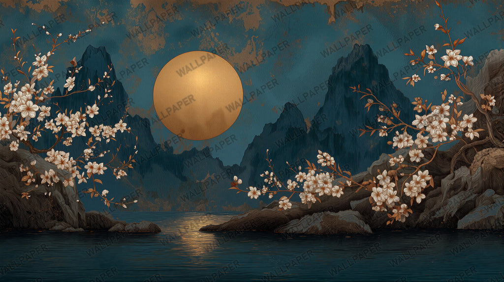 Gold Moon Mountain Wallpaper : Japanese Blossom Night Wall Mural - View 2