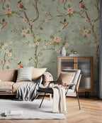Sage Sakura Bird Wallpaper : Chinoiserie Blossom Branch Wall Mural - View 6