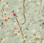 Sage Sakura Bird Wallpaper : Chinoiserie Blossom Branch Wall Mural - View 2