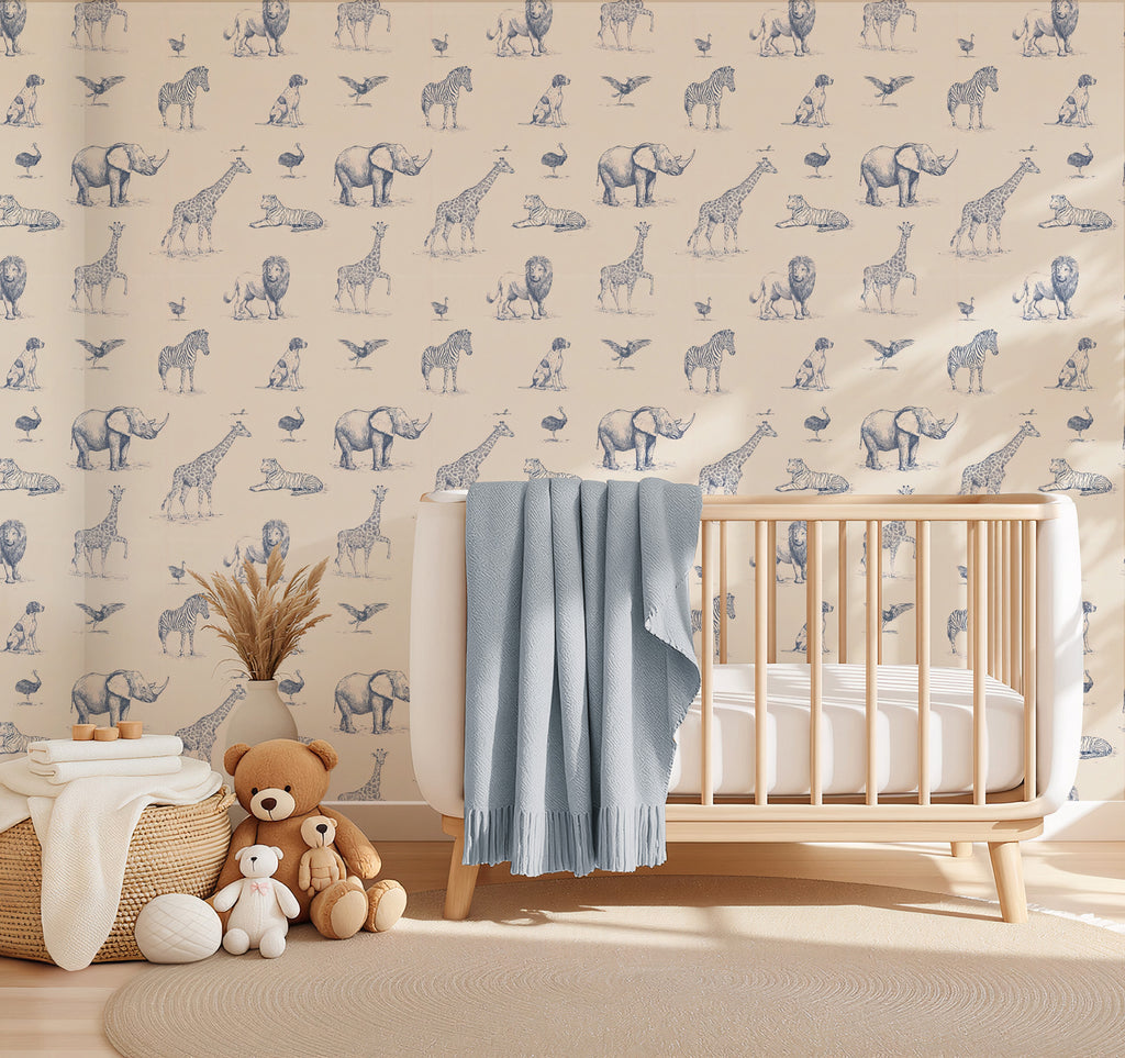 Blue Sketch Safari Animals Wallpaper : Cream Nursery Mural - View 5
