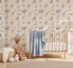 Blue Sketch Safari Animals Wallpaper : Cream Nursery Mural - View 5