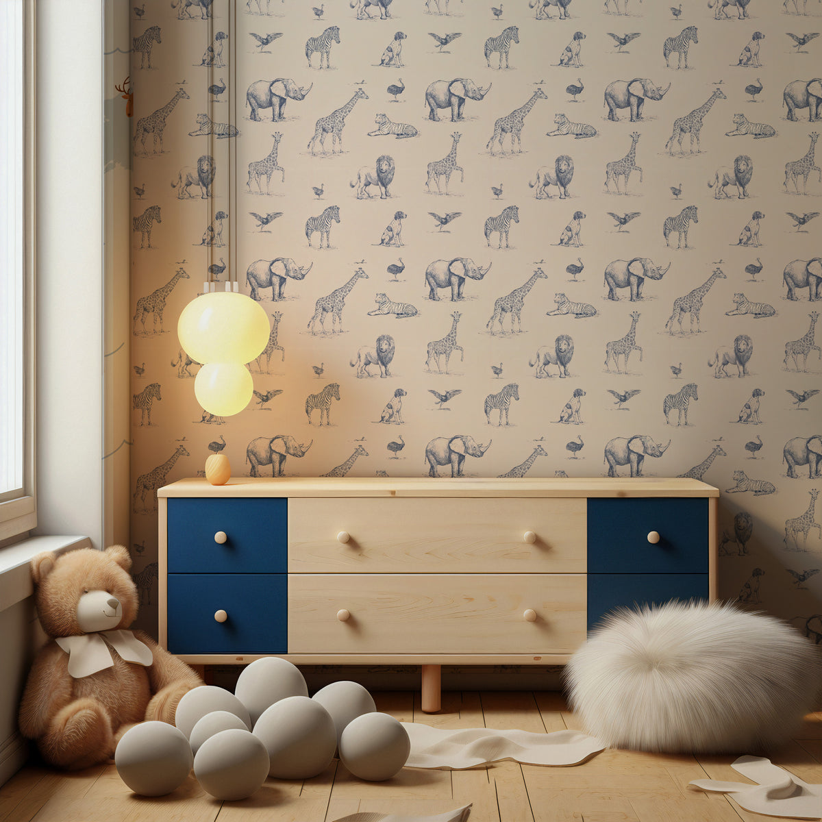 Blue Sketch Safari Animals Wallpaper : Cream Nursery Mural - View 4