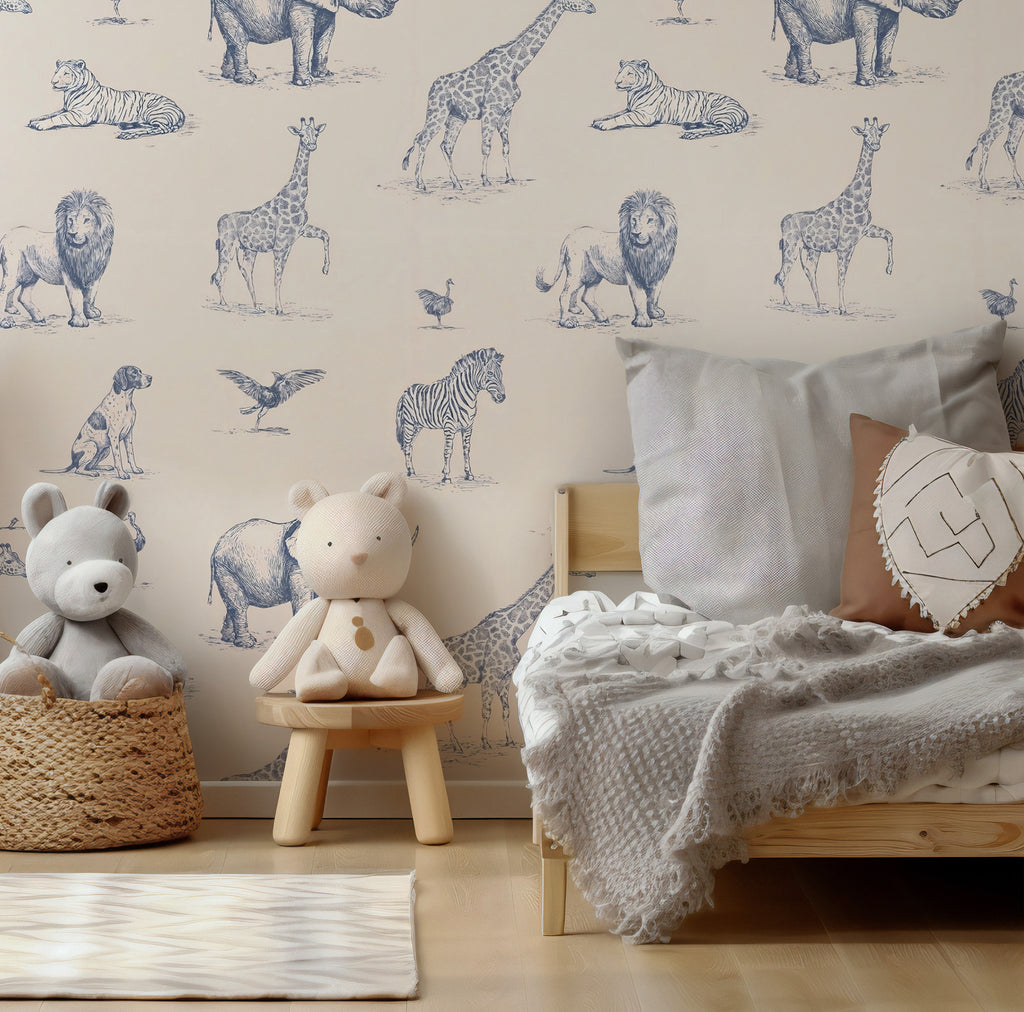 Blue Sketch Safari Animals Wallpaper : Cream Nursery Mural