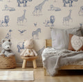 Blue Sketch Safari Animals Wallpaper : Cream Nursery Mural