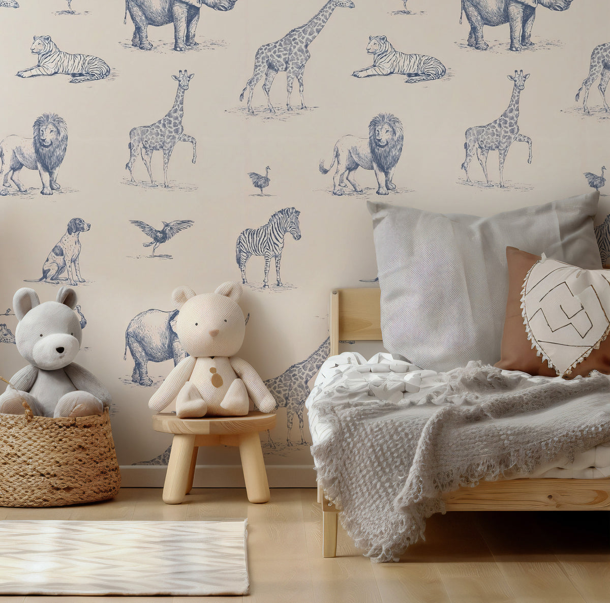 Blue Sketch Safari Animals Wallpaper : Cream Nursery Mural