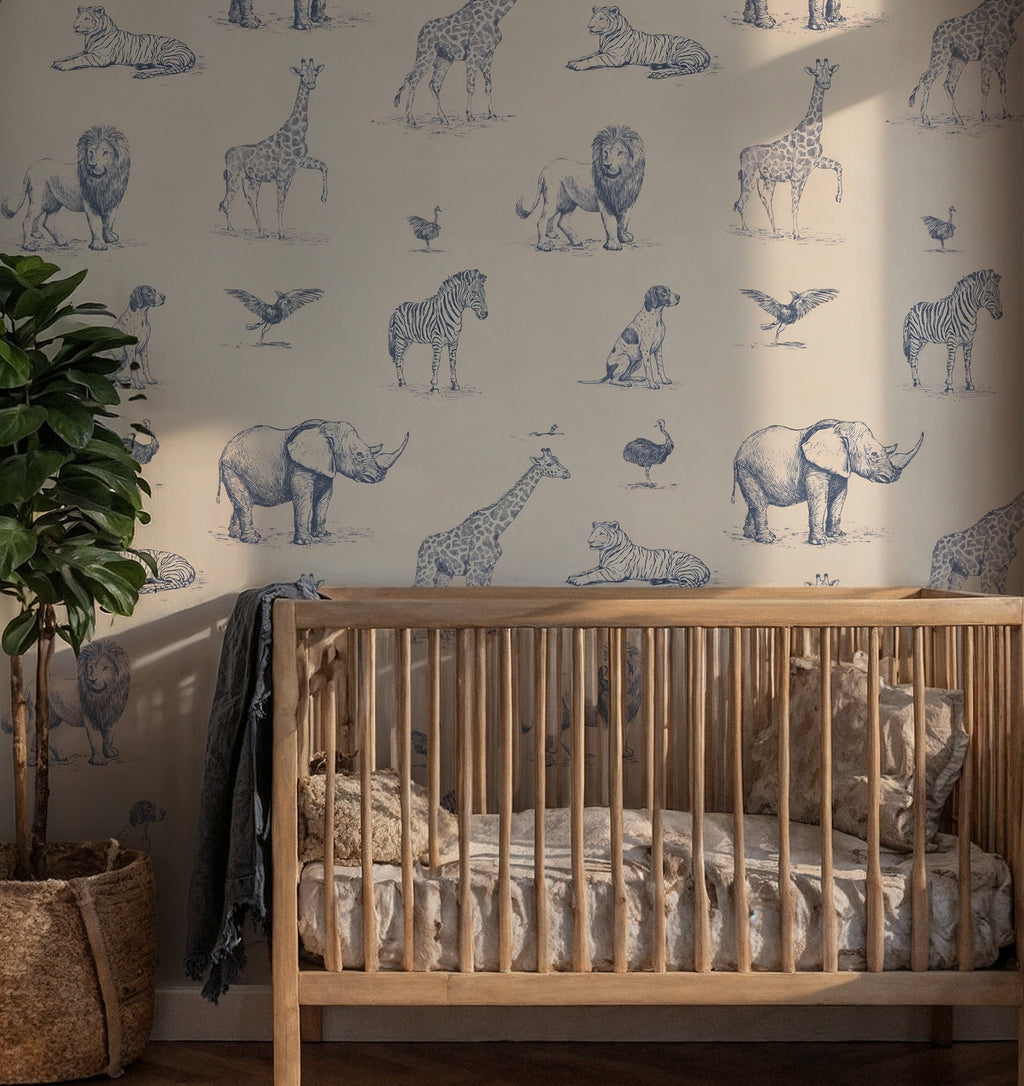 Blue Sketch Safari Animals Wallpaper : Cream Nursery Mural - View 3