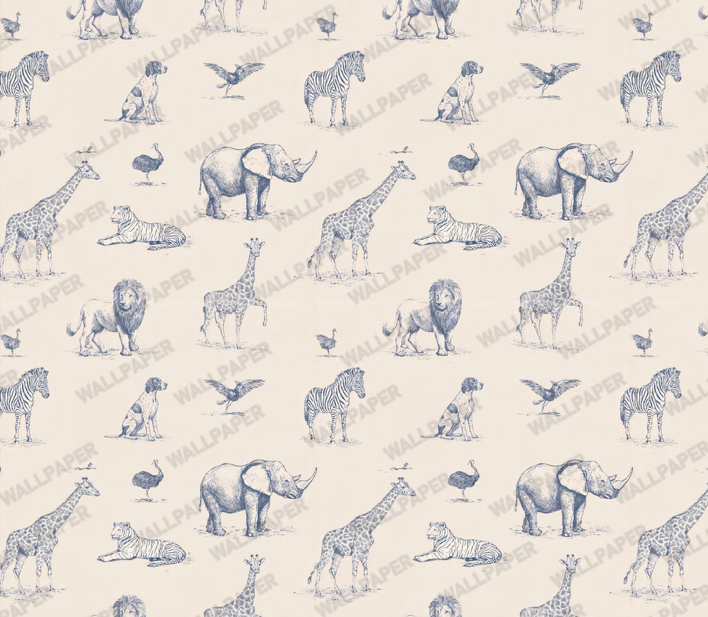 Blue Sketch Safari Animals Wallpaper : Cream Nursery Mural - View 2