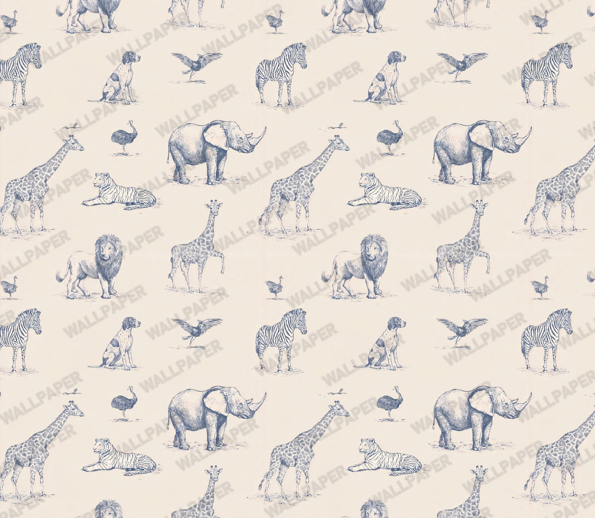 Blue Sketch Safari Animals Wallpaper : Cream Nursery Mural - View 2