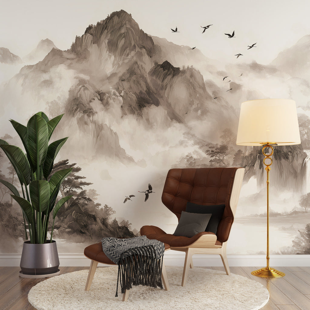 Ink Mountain Wallpaper : Sumi-e Far East Landscape Wall Mural - View 4