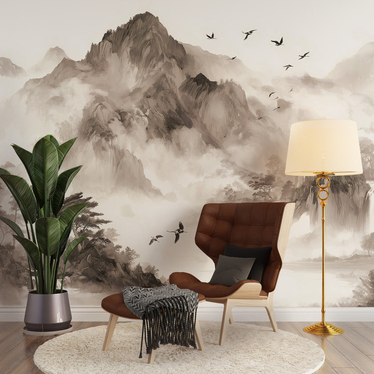 Ink Mountain Wallpaper : Sumi-e Far East Landscape Wall Mural - View 4