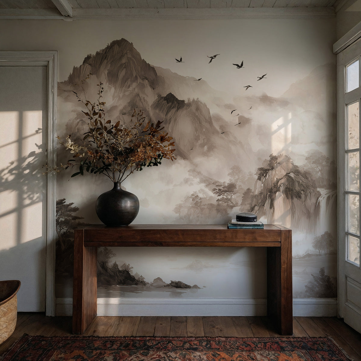 Ink Mountain Wallpaper : Sumi-e Far East Landscape Wall Mural - View 3