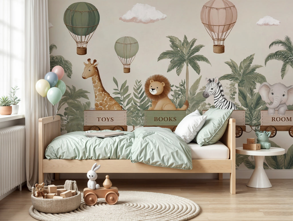 Safari Train Nursery Wallpaper : Hot Air Balloon Kids Wall Mural - View 5