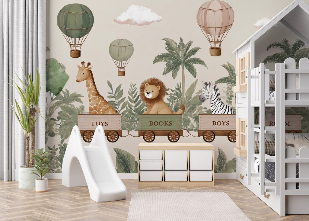 Safari Train Nursery Wallpaper : Hot Air Balloon Kids Wall Mural