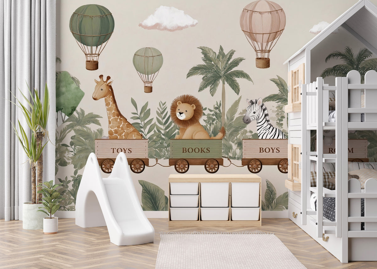 Safari Train Nursery Wallpaper : Hot Air Balloon Kids Wall Mural