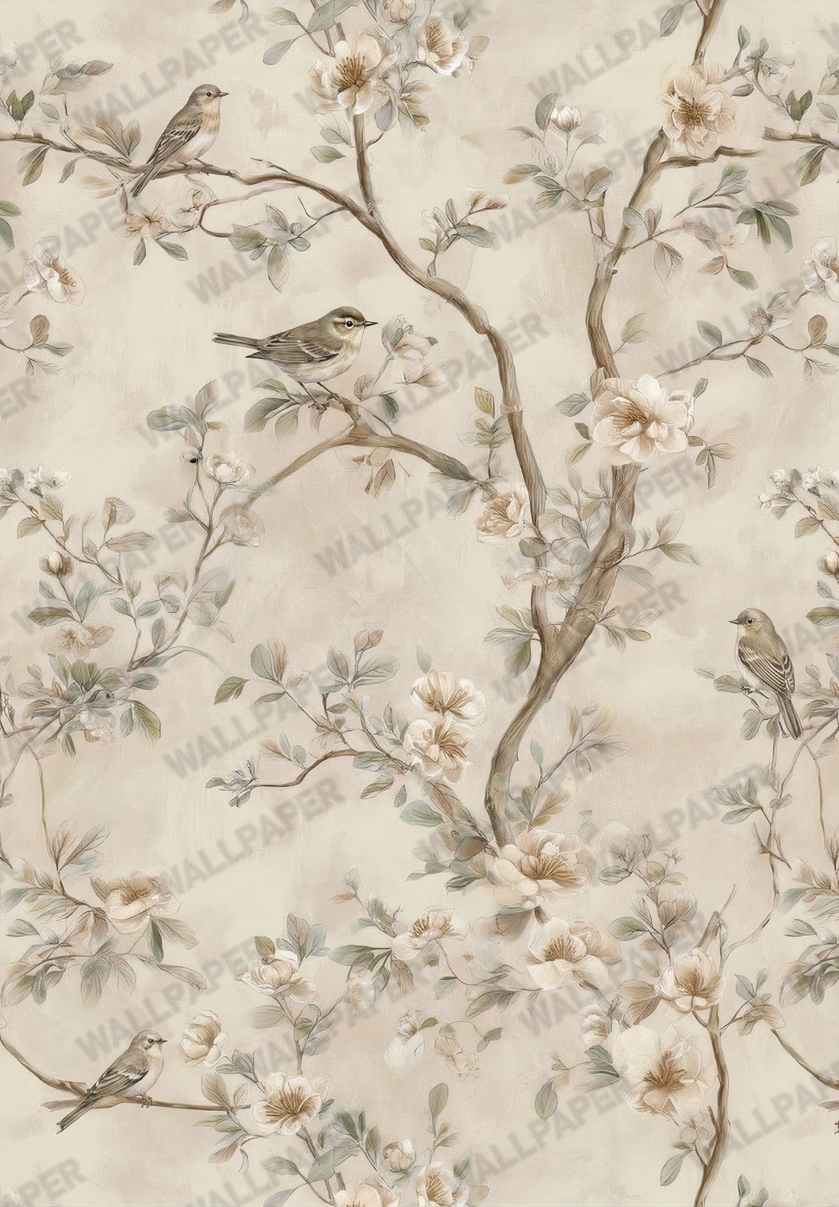 Beige Chinoiserie Blossom Wallpaper : Vintage Bird Branch Wall Mural - View 2