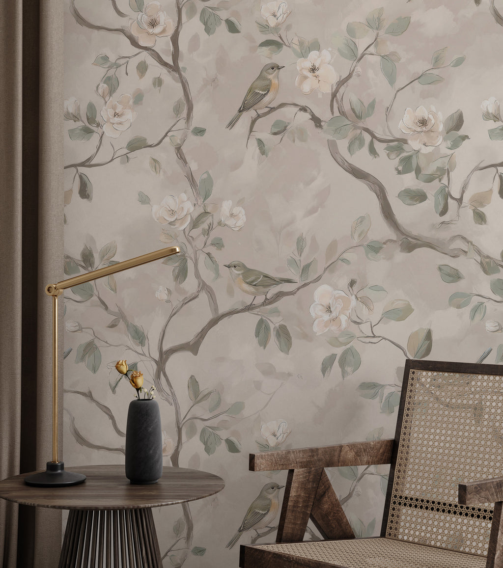 Grey Blossom Branch Wallpaper : Soft Neutral Chinoiserie Wall Mural - View 4