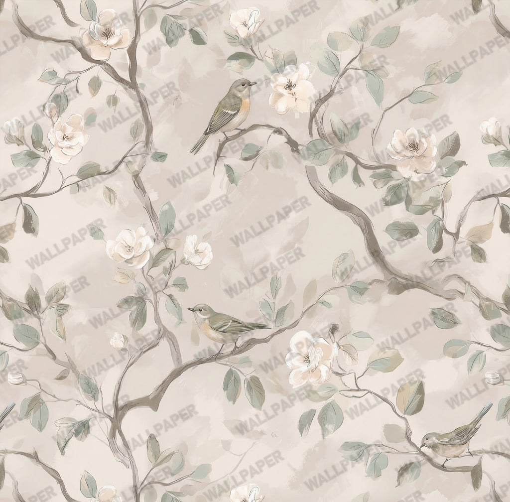 Grey Blossom Branch Wallpaper : Soft Neutral Chinoiserie Wall Mural - View 2