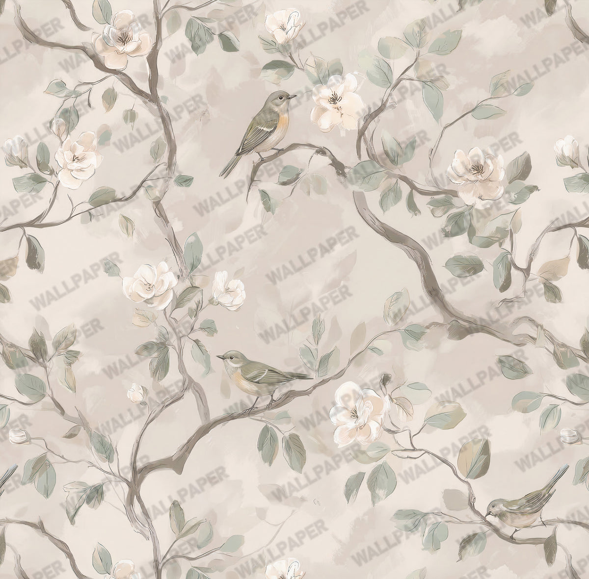 Grey Blossom Branch Wallpaper : Soft Neutral Chinoiserie Wall Mural - View 2